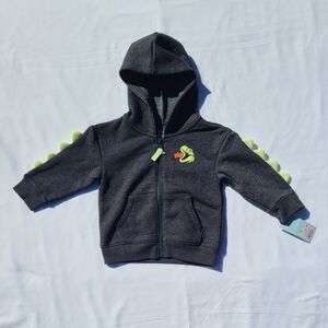 Kids Dark Gray Dino Zip-Up Hoodie with Green Spikes